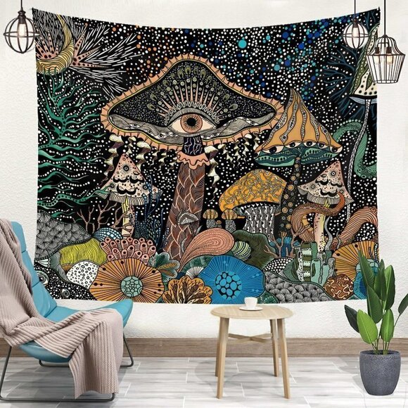 Psychedelic Forest Mushroom Tapestry Abstract Wall Living Room Bedroom Dorm NWT - Picture 1 of 8